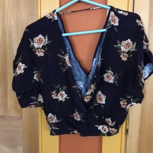 Black Floral Crop Top cap sleeve